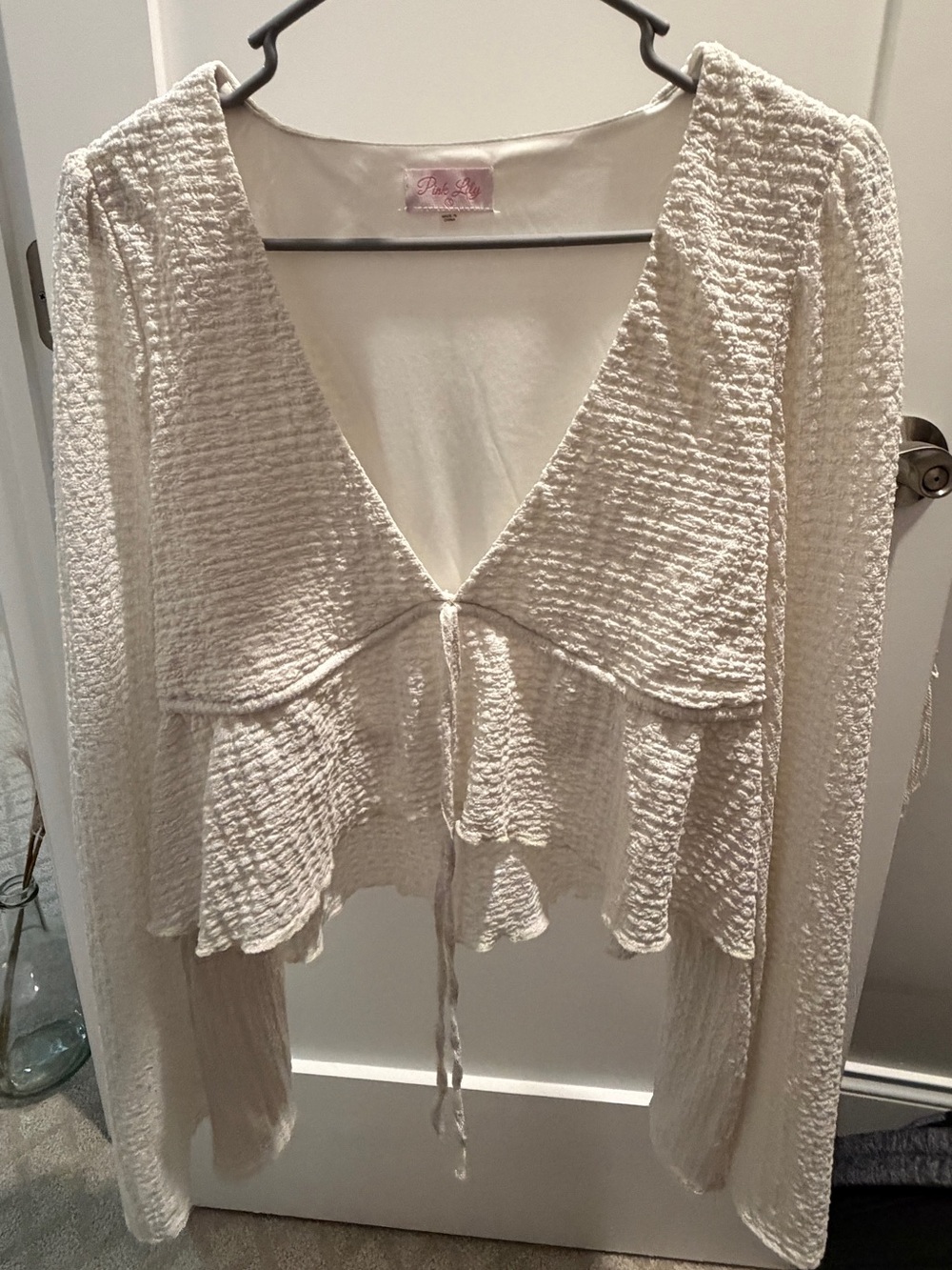 Cream Textured Tie-Front Women's Blouse